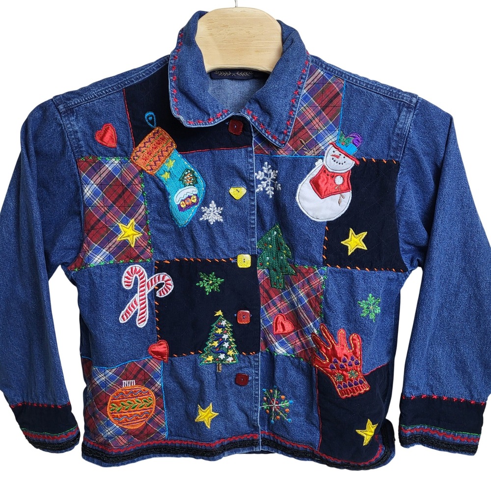 New Direction Women's Medium Christmas Denim Patchwork Embroidered Jacket Fun